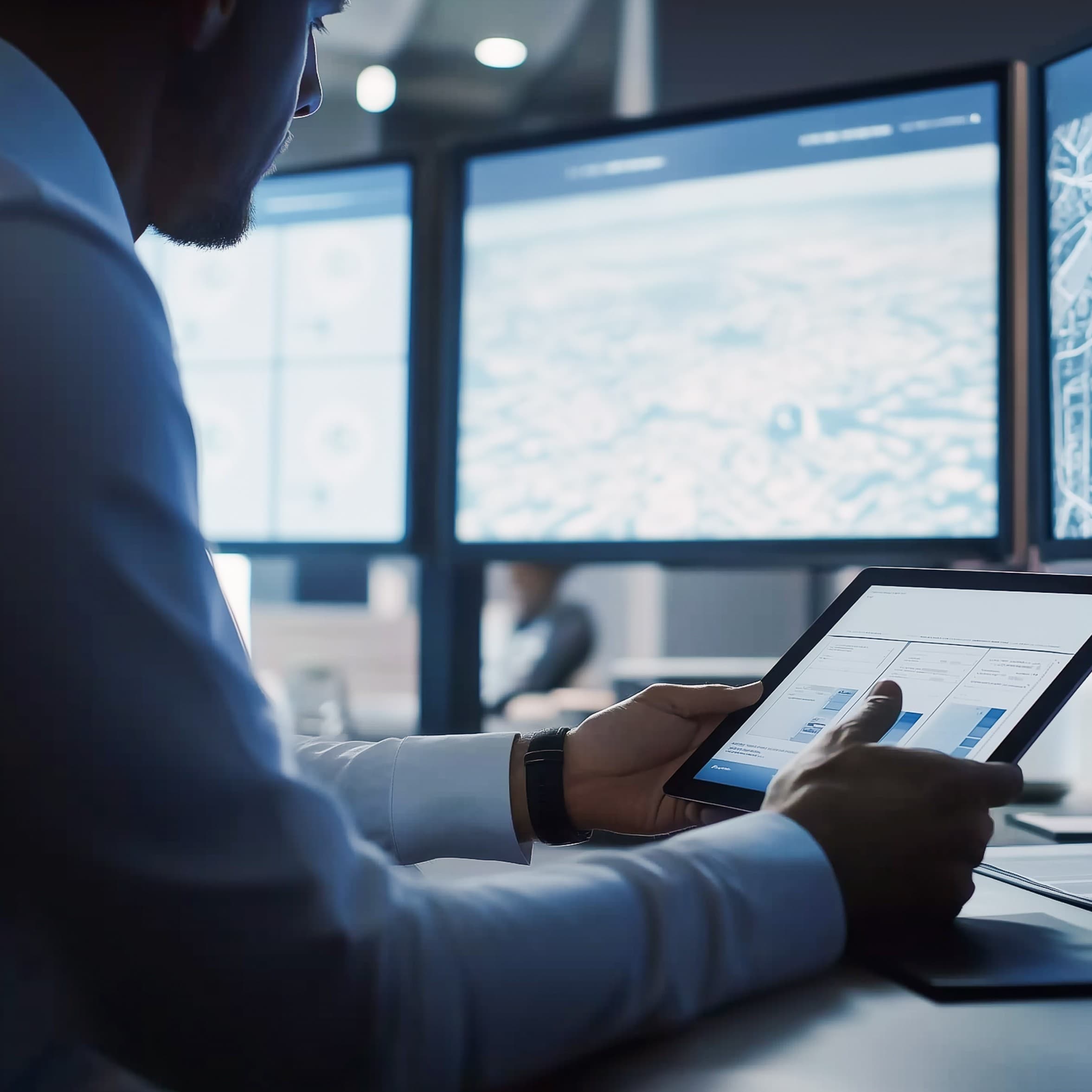 Hombre profesional observando datos de telemetría en una tablet de datos, con varios monitores mostrando mapas y analíticos en un cuarto de control moderno. Hombre profesional observando datos de telemetría en una tablet de datos, con varios monitores mostrando mapas y analíticos en un cuarto de control moderno.