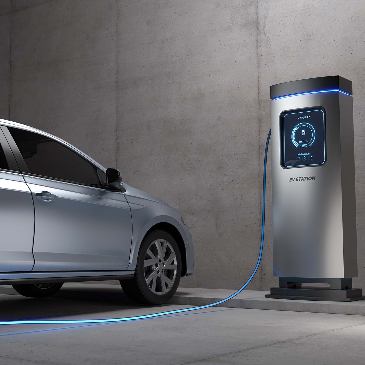 An electric vehicle plugged in to an EV charging station. An electric vehicle plugged in to an EV charging station.