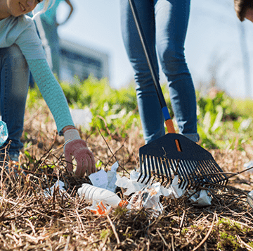 group of volunteers cleaning a yard